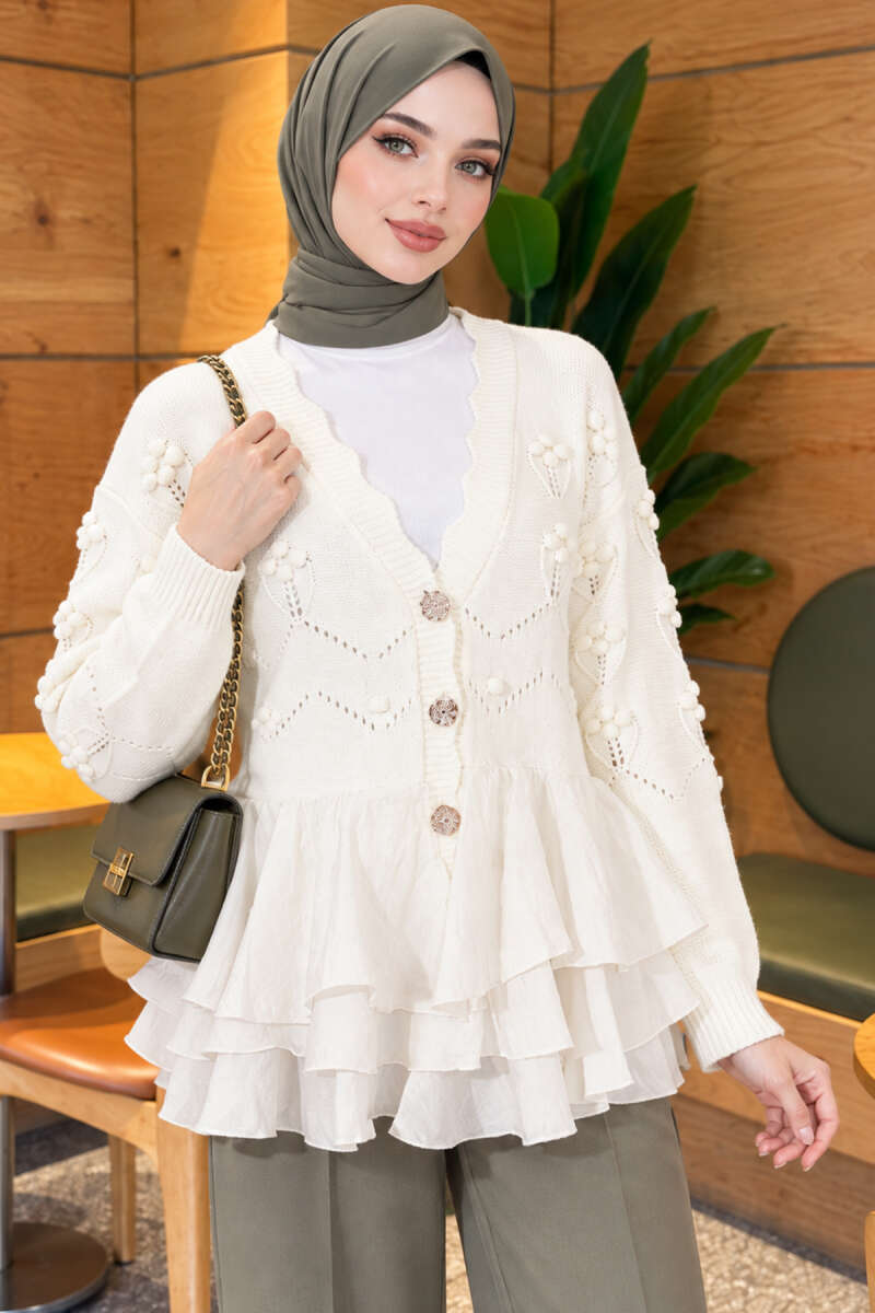Floral Knit Cardigan with Tiered Tulle - Ecru