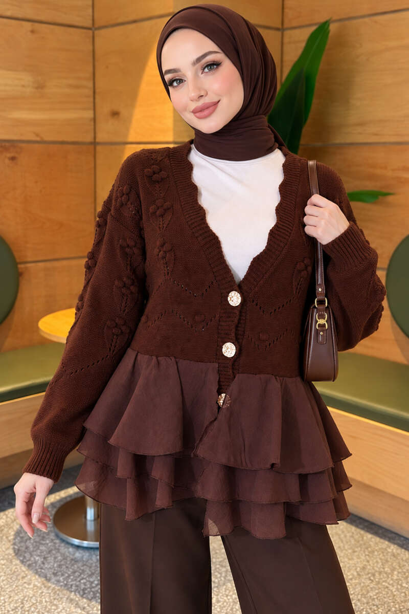 Floral Knit Cardigan with Tiered Tulle - Brown