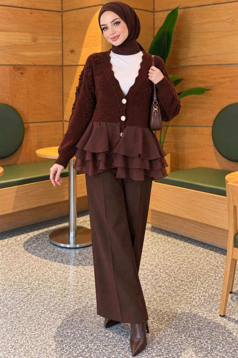 Floral Knit Cardigan with Tiered Tulle - Brown
