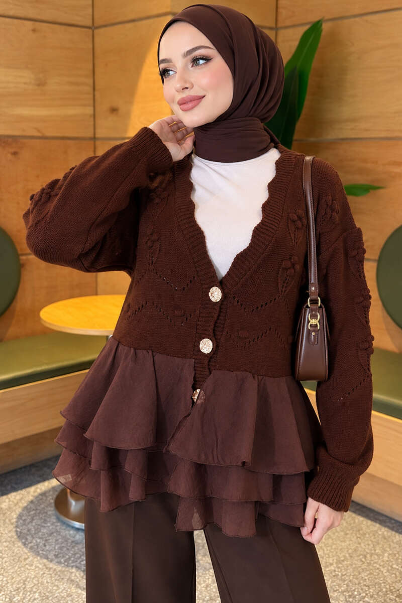 Floral Knit Cardigan with Tiered Tulle - Brown