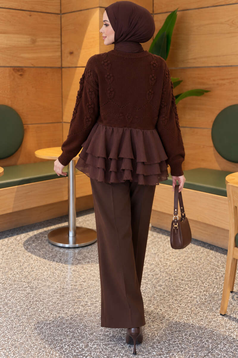 Floral Knit Cardigan with Tiered Tulle - Brown