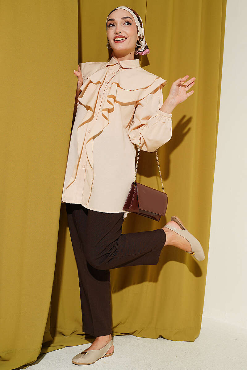 Tiered Ruffled-Collar Shirt - Beige