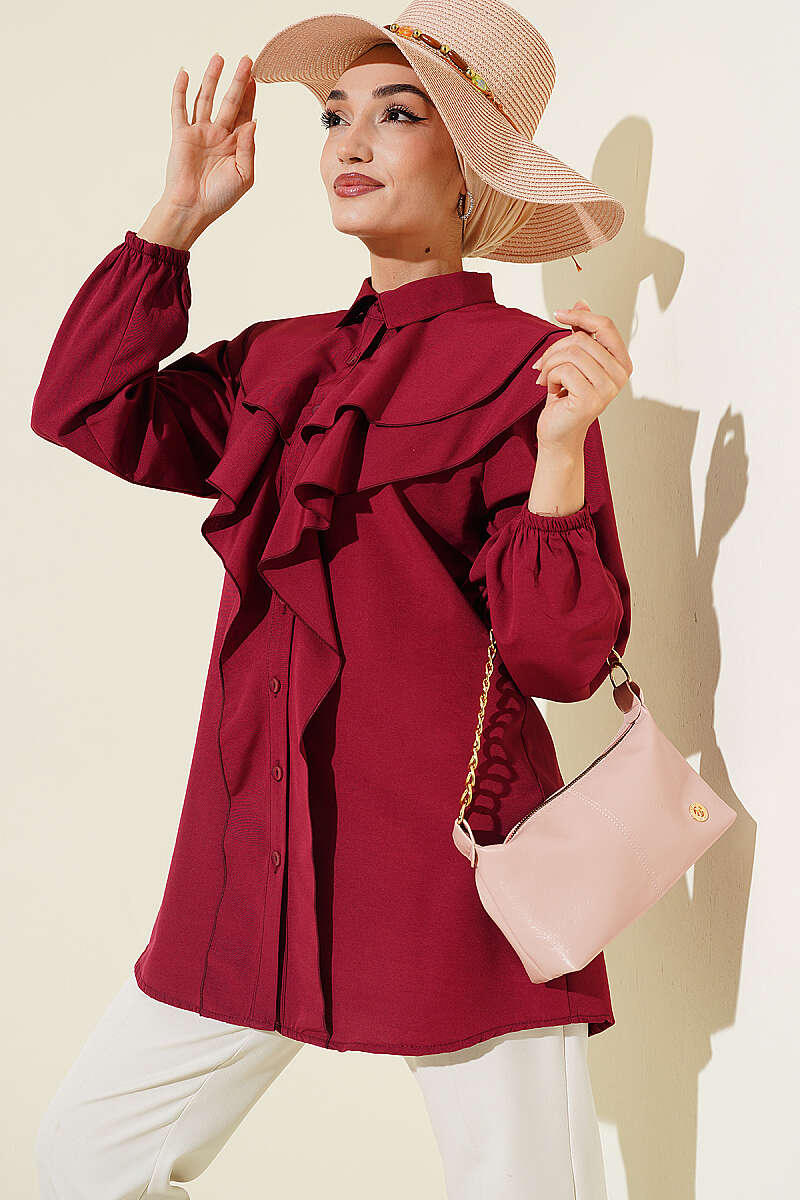 Tiered Ruffled-Collar Shirt - Burgundy