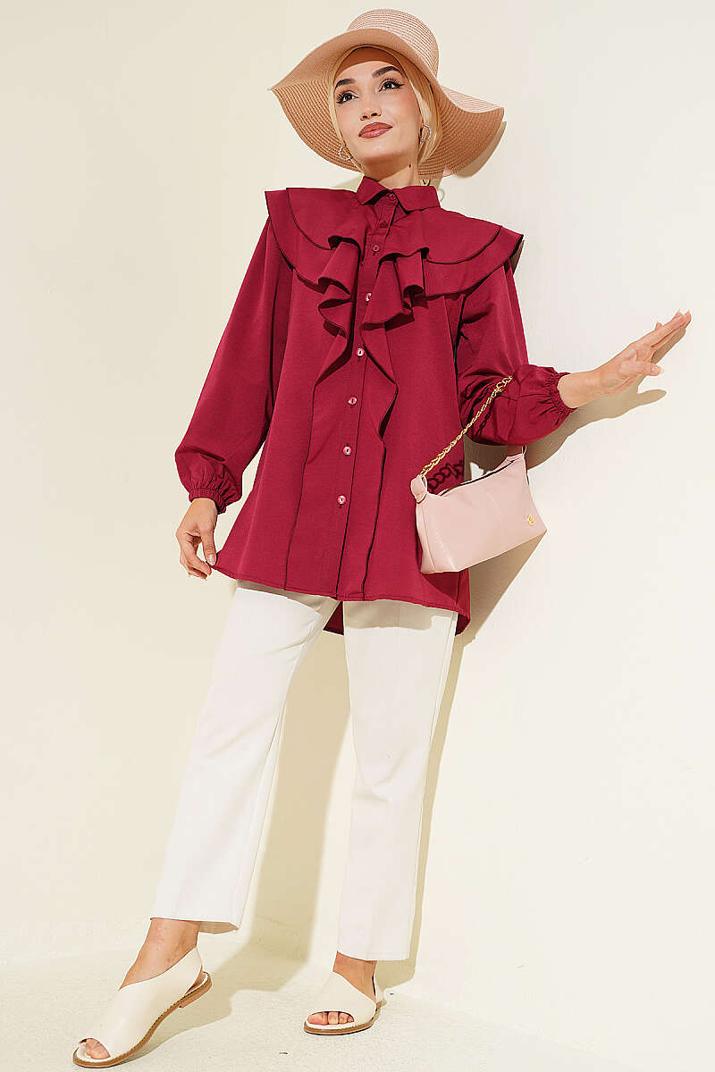 Tiered Ruffled-Collar Shirt - Burgundy
