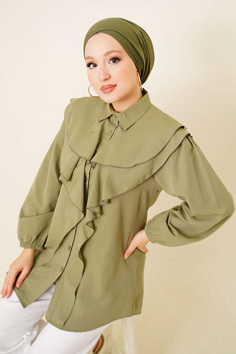 Tiered Ruffled-Collar Shirt - Almond Green