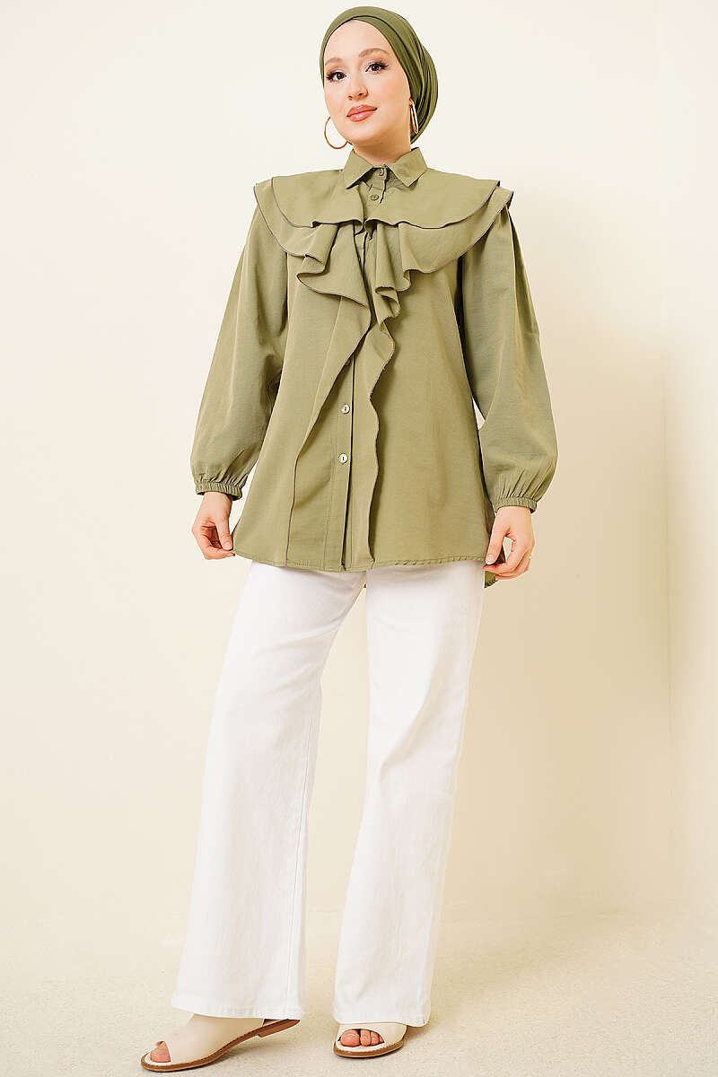 Tiered Ruffled-Collar Shirt - Almond Green