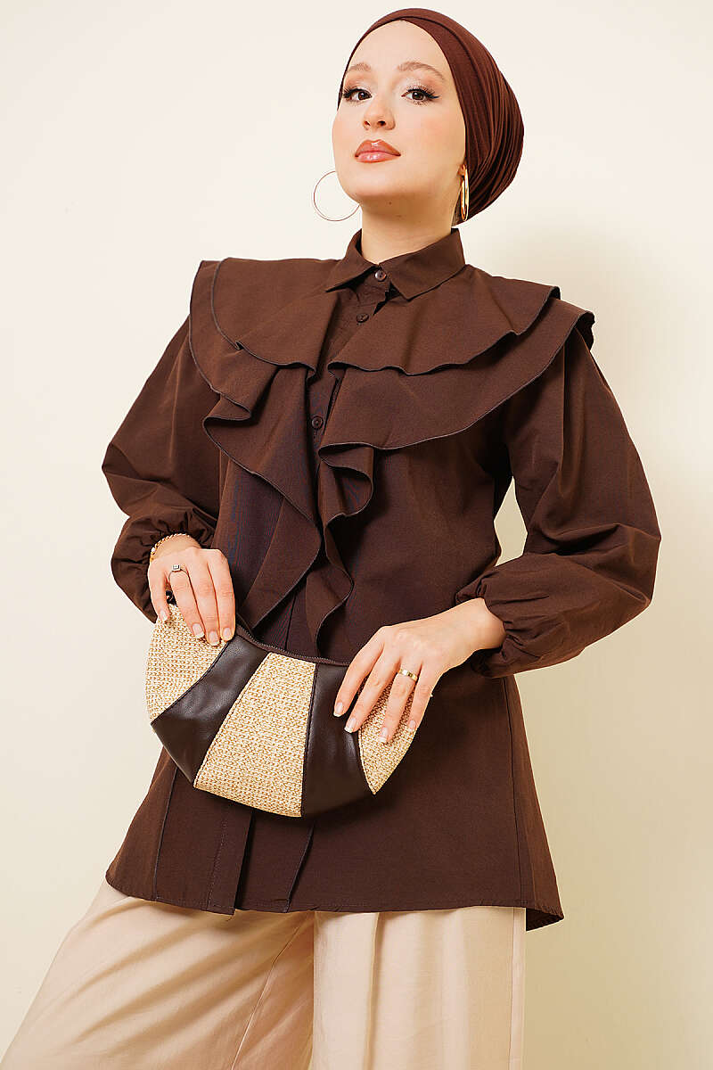 Tiered Ruffled-Collar Shirt - Brown