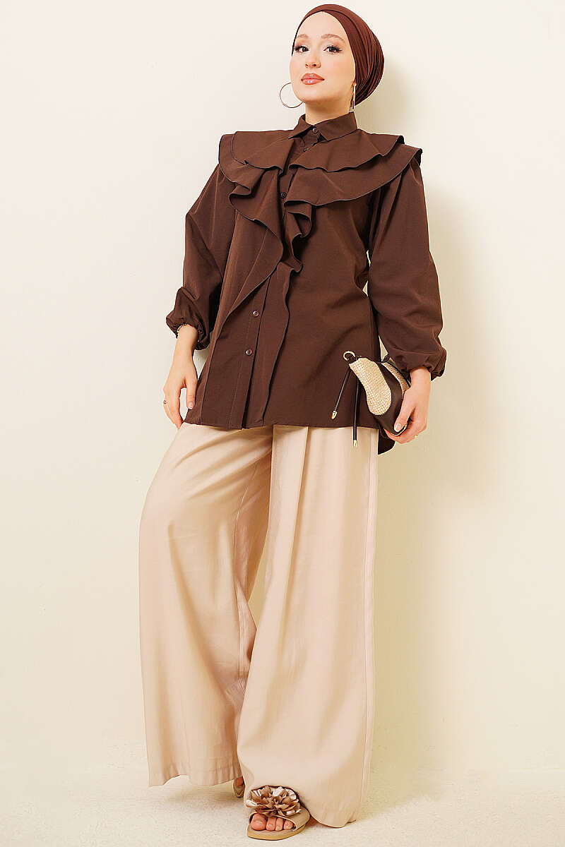 Tiered Ruffled-Collar Shirt - Brown