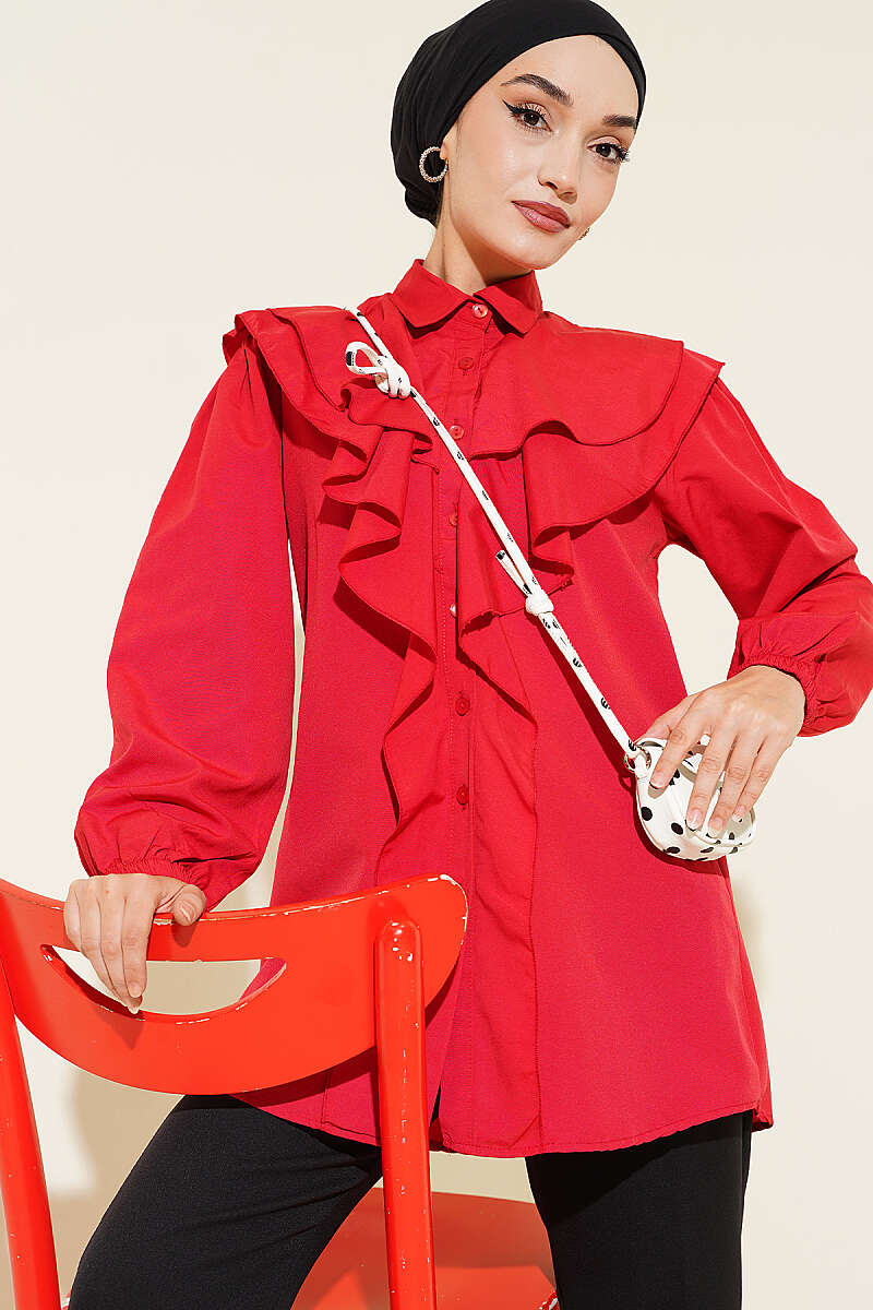 Tiered Ruffled-Collar Shirt - Red