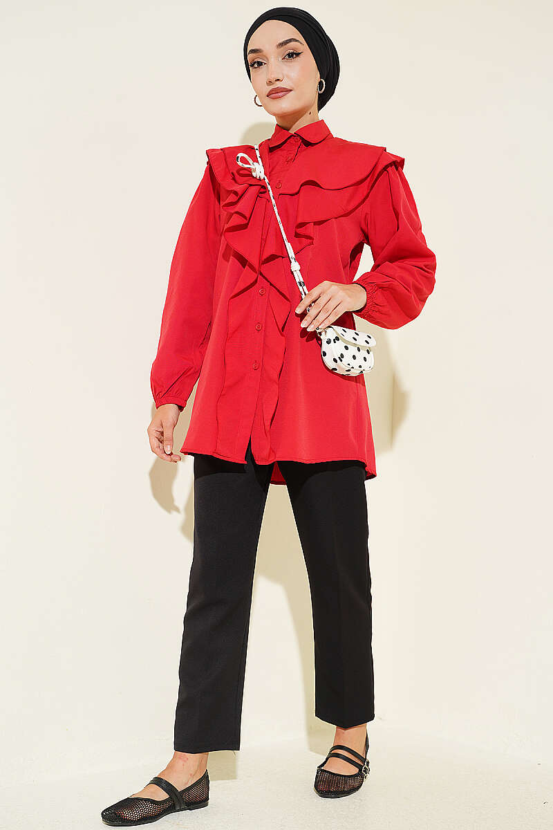 Tiered Ruffled-Collar Shirt - Red