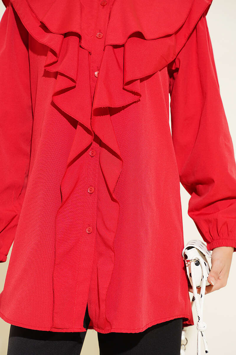 Tiered Ruffled-Collar Shirt - Red
