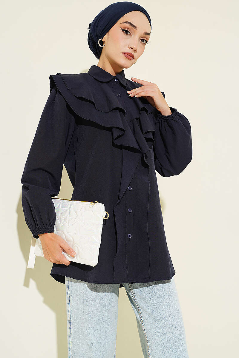 Tiered Ruffled-Collar Shirt - Navy