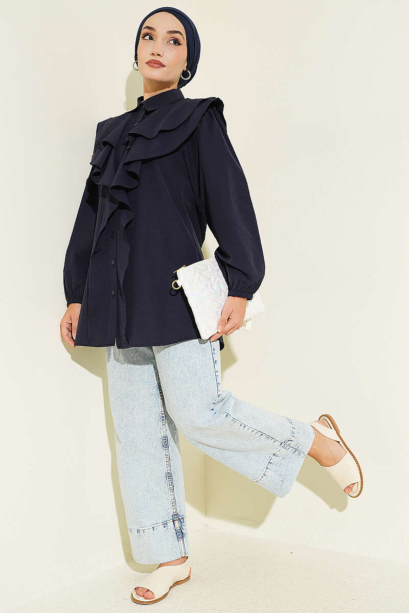Tiered Ruffled-Collar Shirt - Navy
