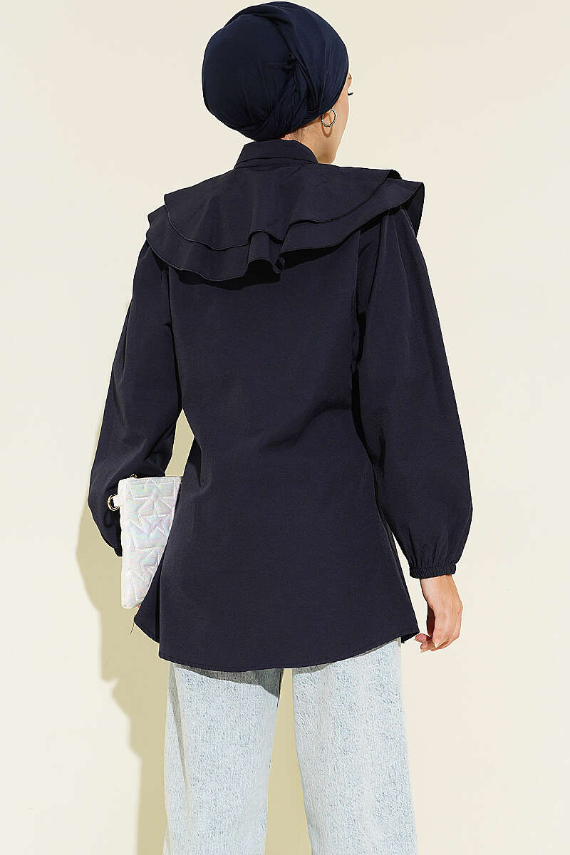 Tiered Ruffled-Collar Shirt - Navy