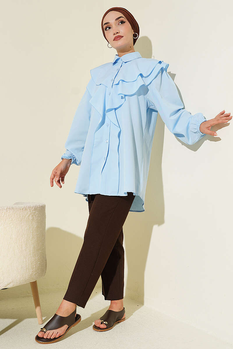 Tiered Ruffled-Collar Shirt - Blue
