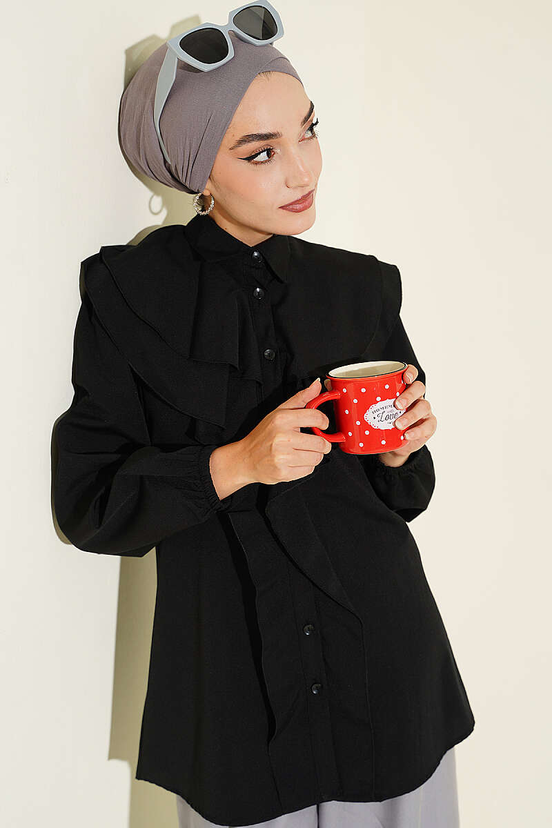 Tiered Ruffled-Collar Shirt - Black