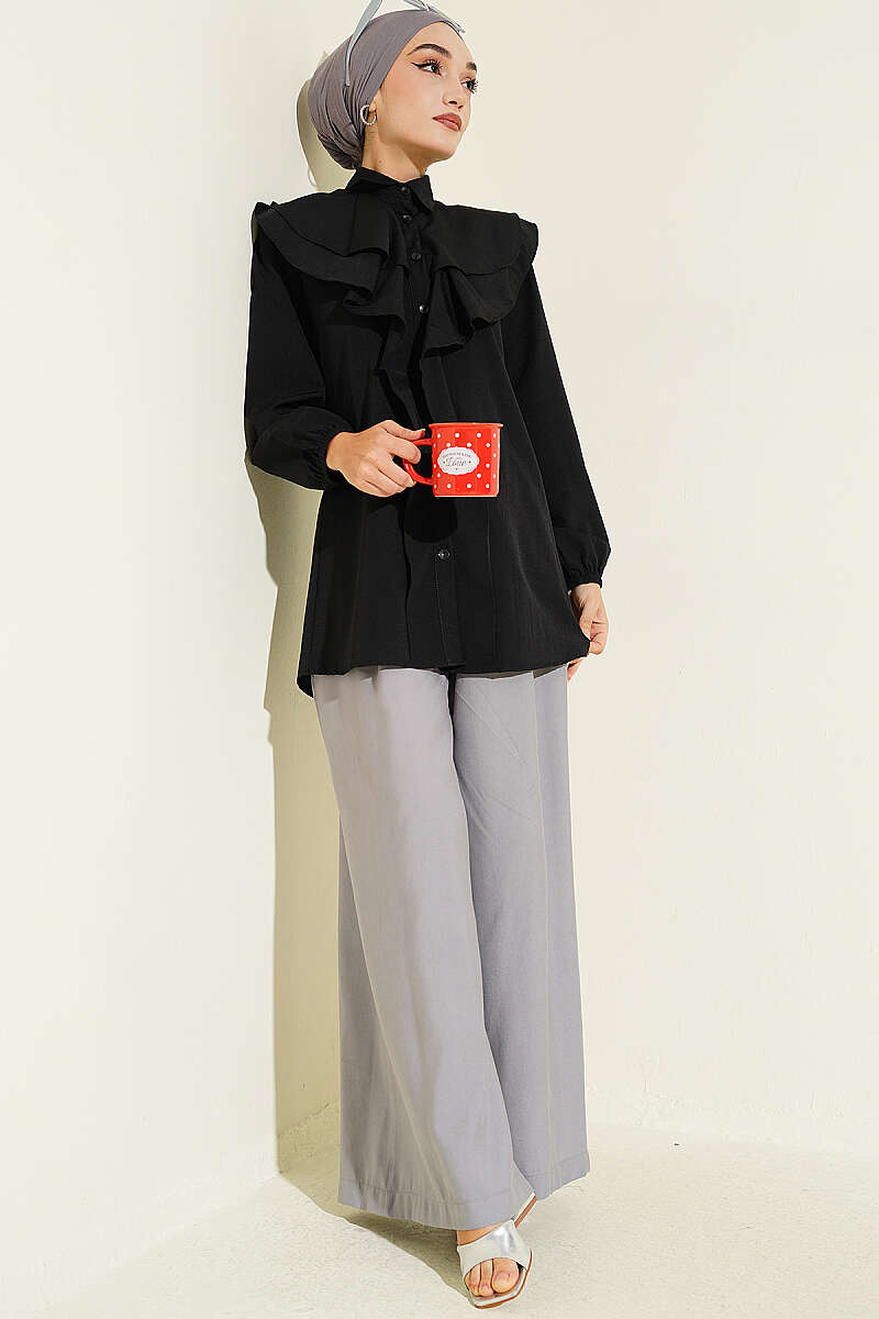 Tiered Ruffled-Collar Shirt - Black