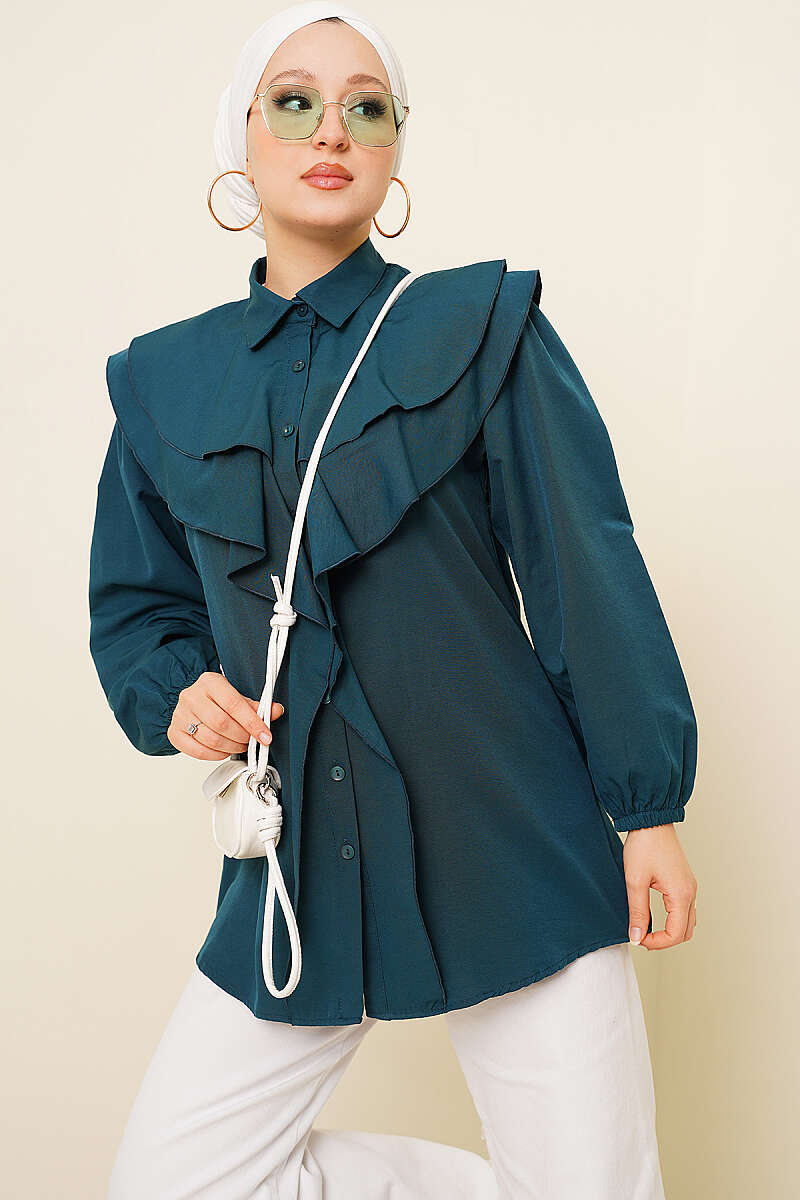 Tiered Ruffled-Collar Shirt - Emerald