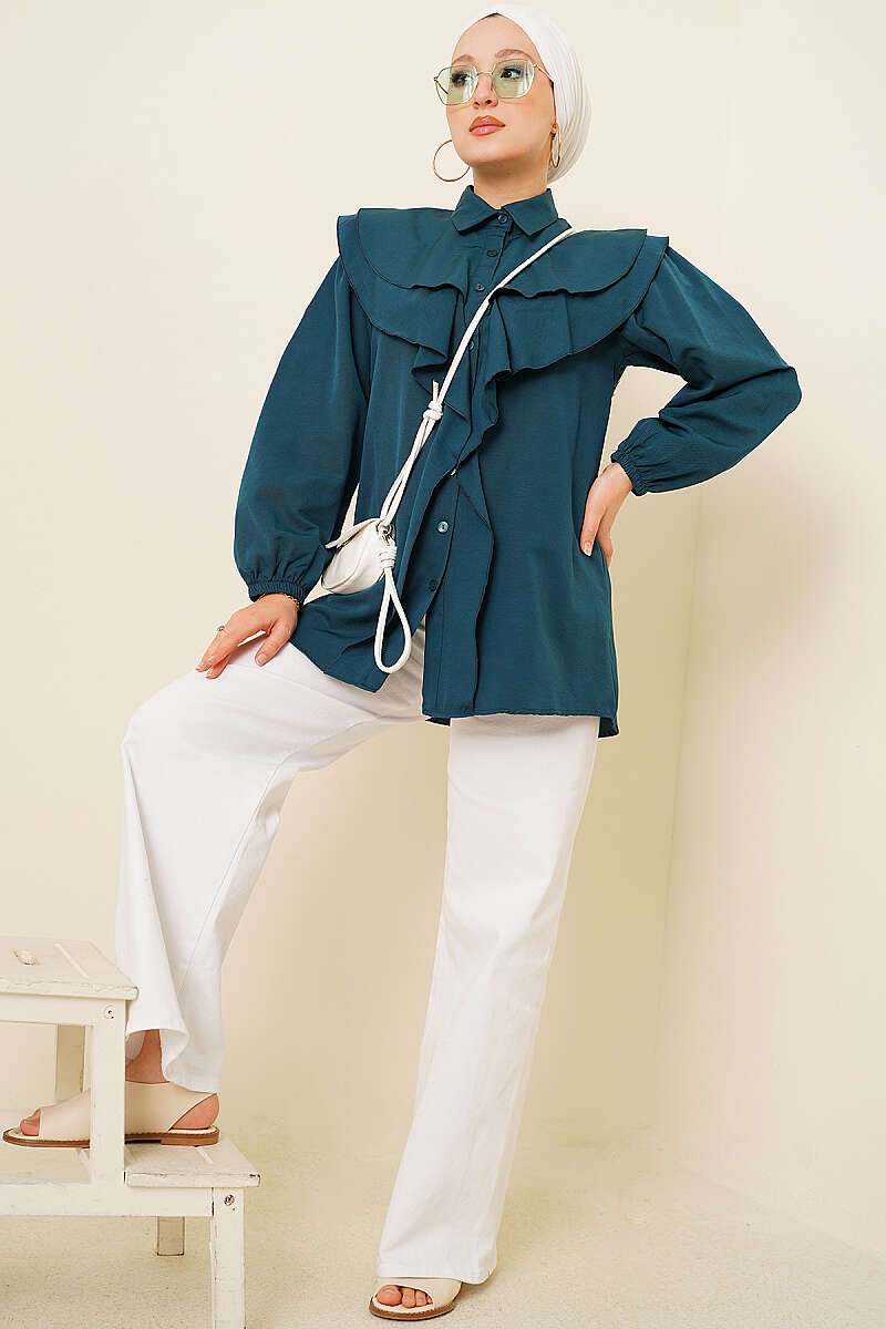 Tiered Ruffled-Collar Shirt - Emerald