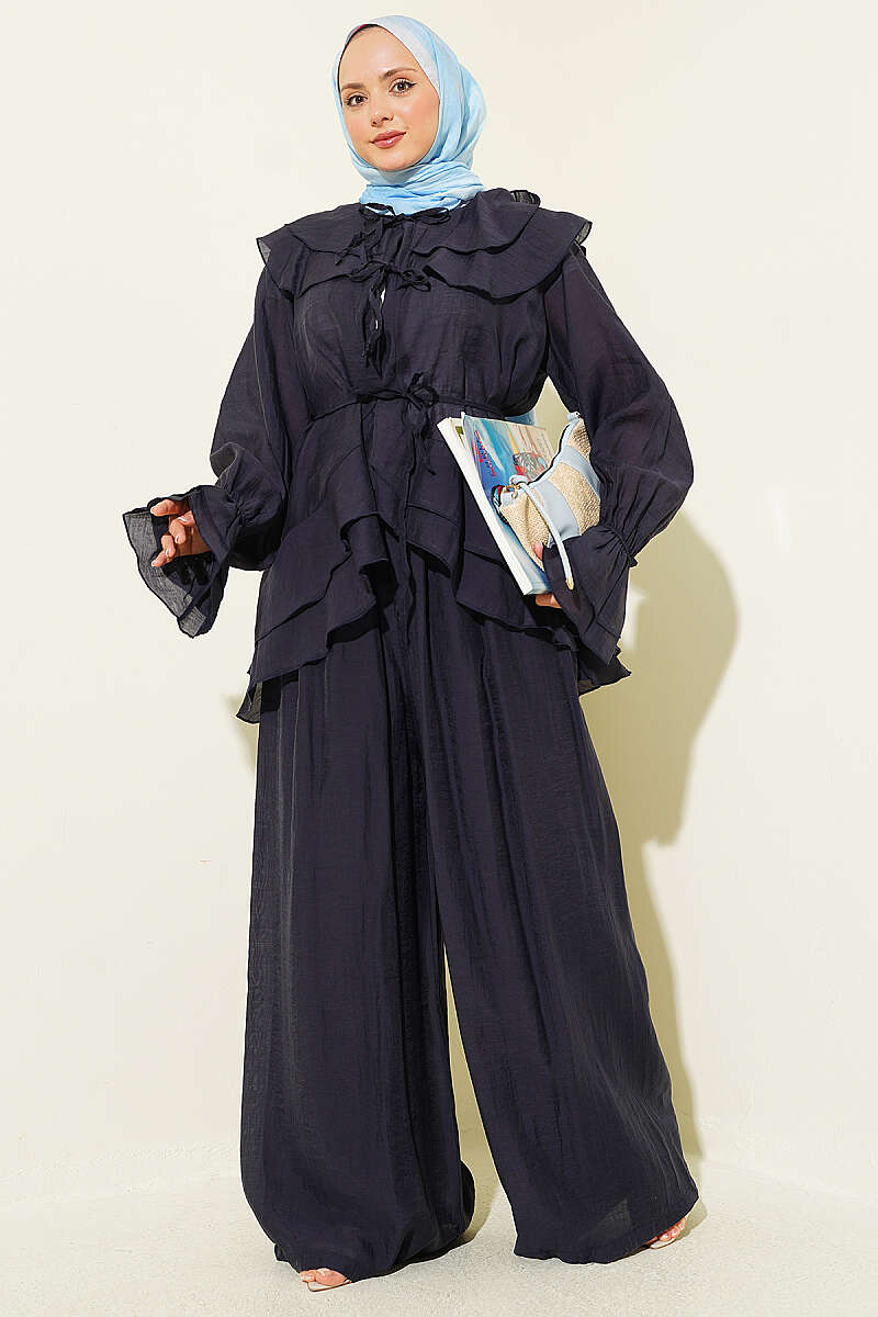 Ruffle Two-Piece Set with Layered Collar and Ties - Navy