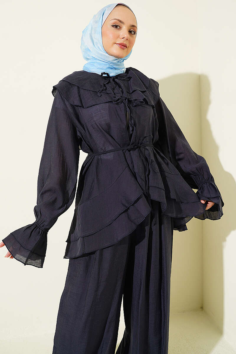 Ruffle Two-Piece Set with Layered Collar and Ties - Navy