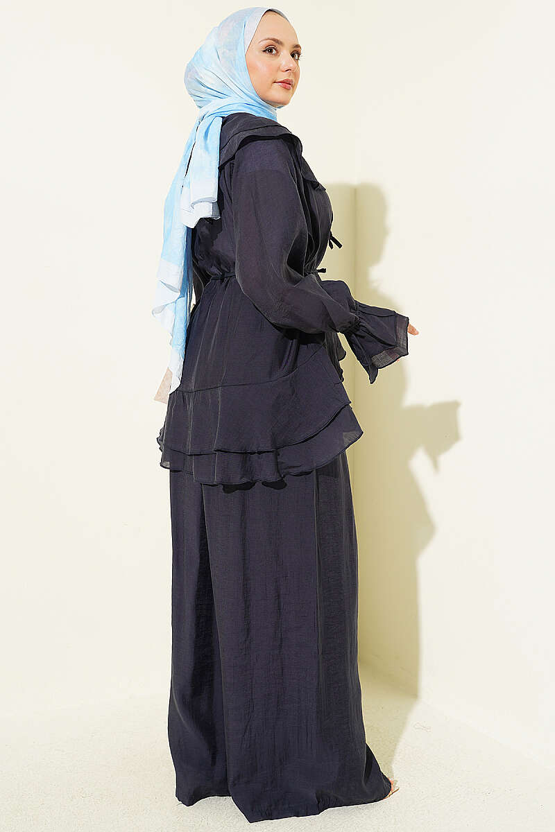 Ruffle Two-Piece Set with Layered Collar and Ties - Navy