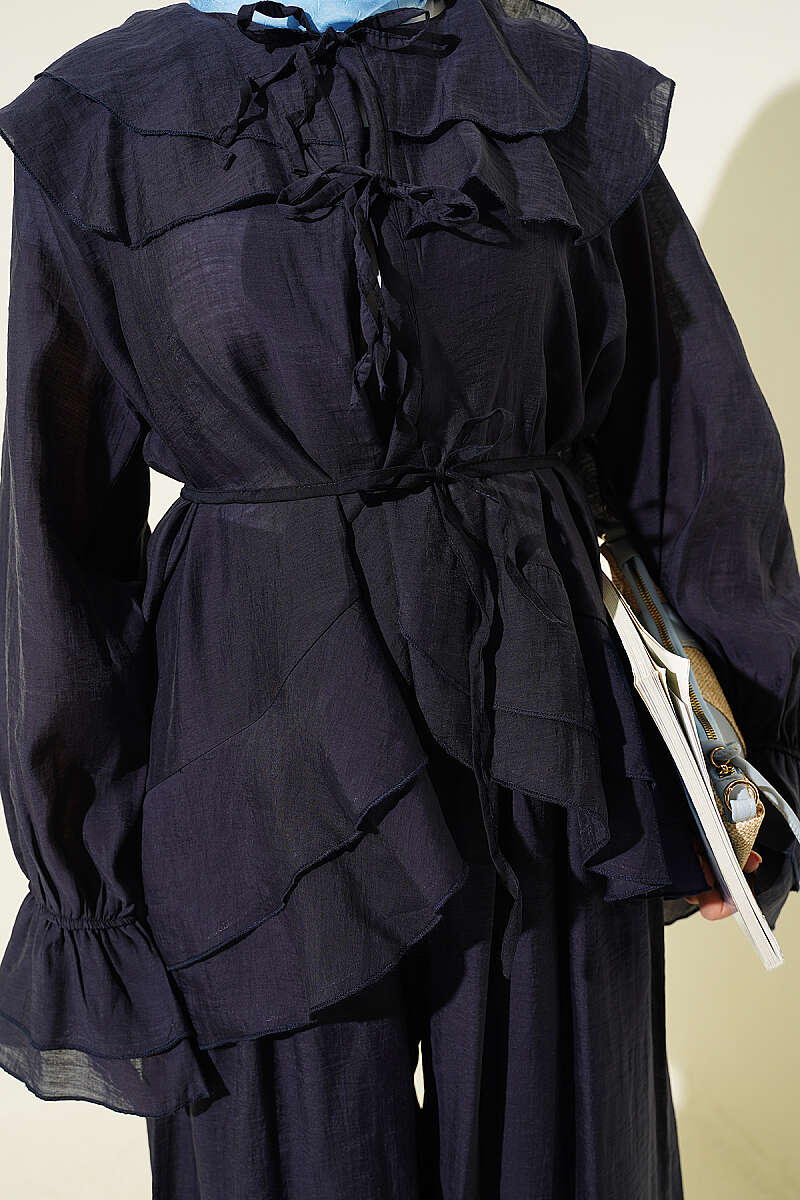 Ruffle Two-Piece Set with Layered Collar and Ties - Navy