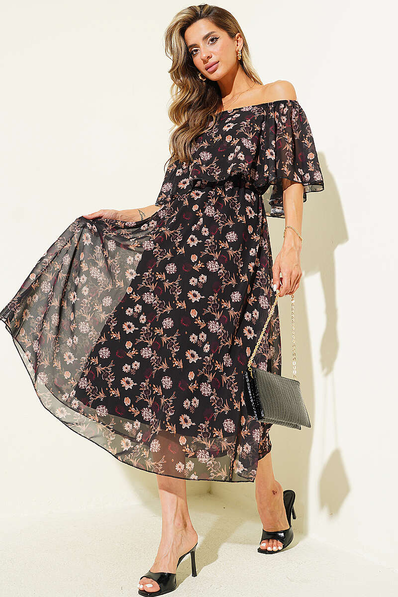 Boat-Neck Floral Chiffon Dress - Brown