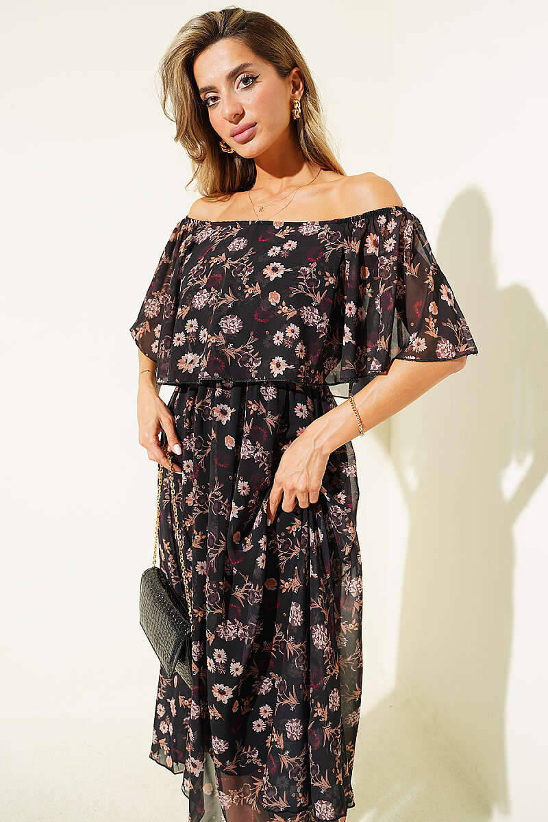 Boat-Neck Floral Chiffon Dress - Brown