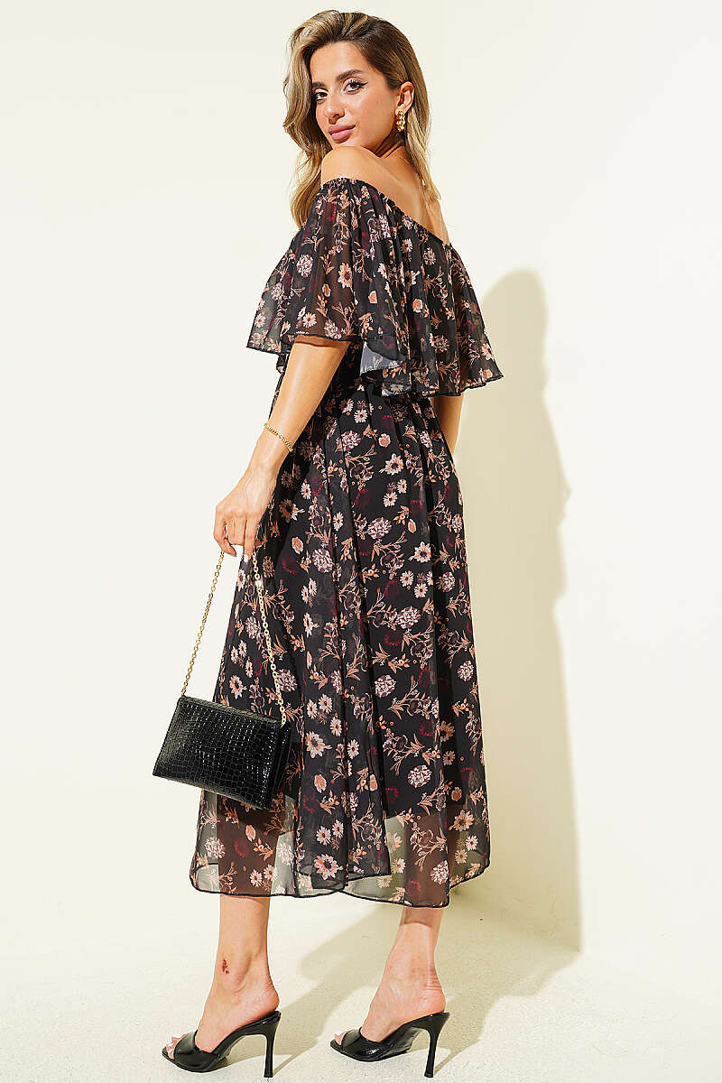 Boat-Neck Floral Chiffon Dress - Brown