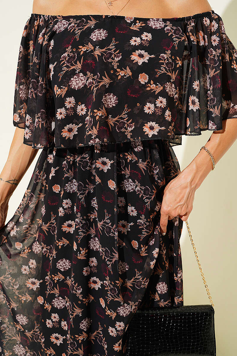 Boat-Neck Floral Chiffon Dress - Brown