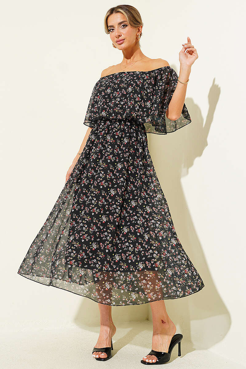 Boat-Neck Floral Chiffon Dress - Black