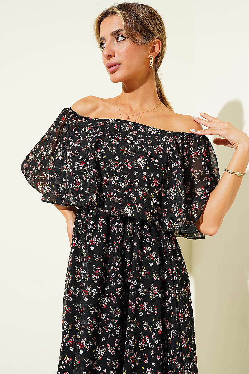 Boat-Neck Floral Chiffon Dress - Black