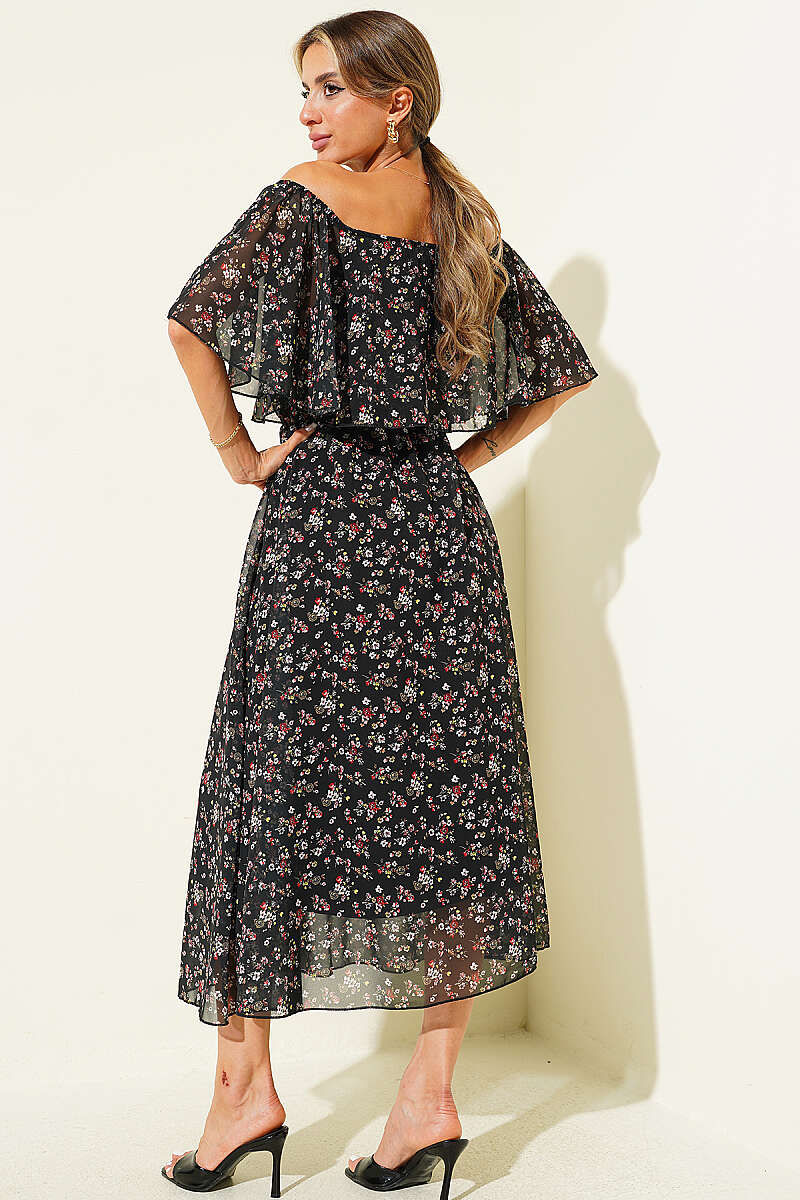 Boat-Neck Floral Chiffon Dress - Black