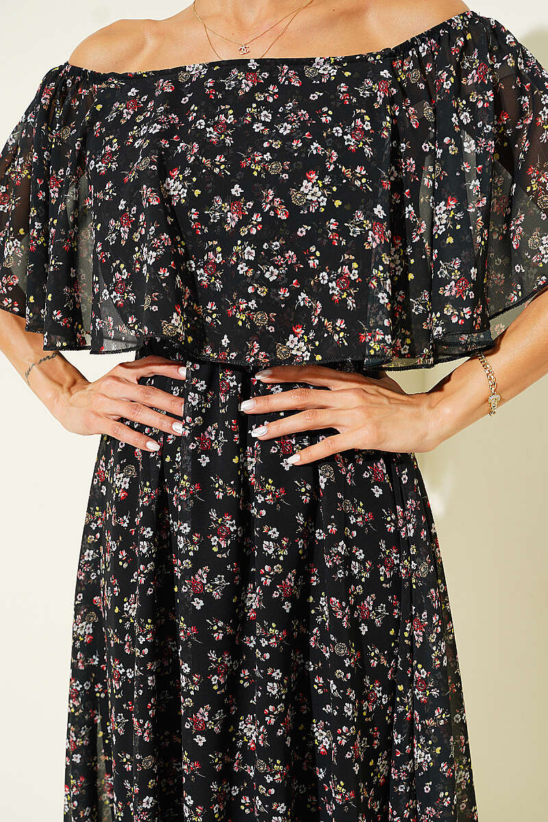 Boat-Neck Floral Chiffon Dress - Black