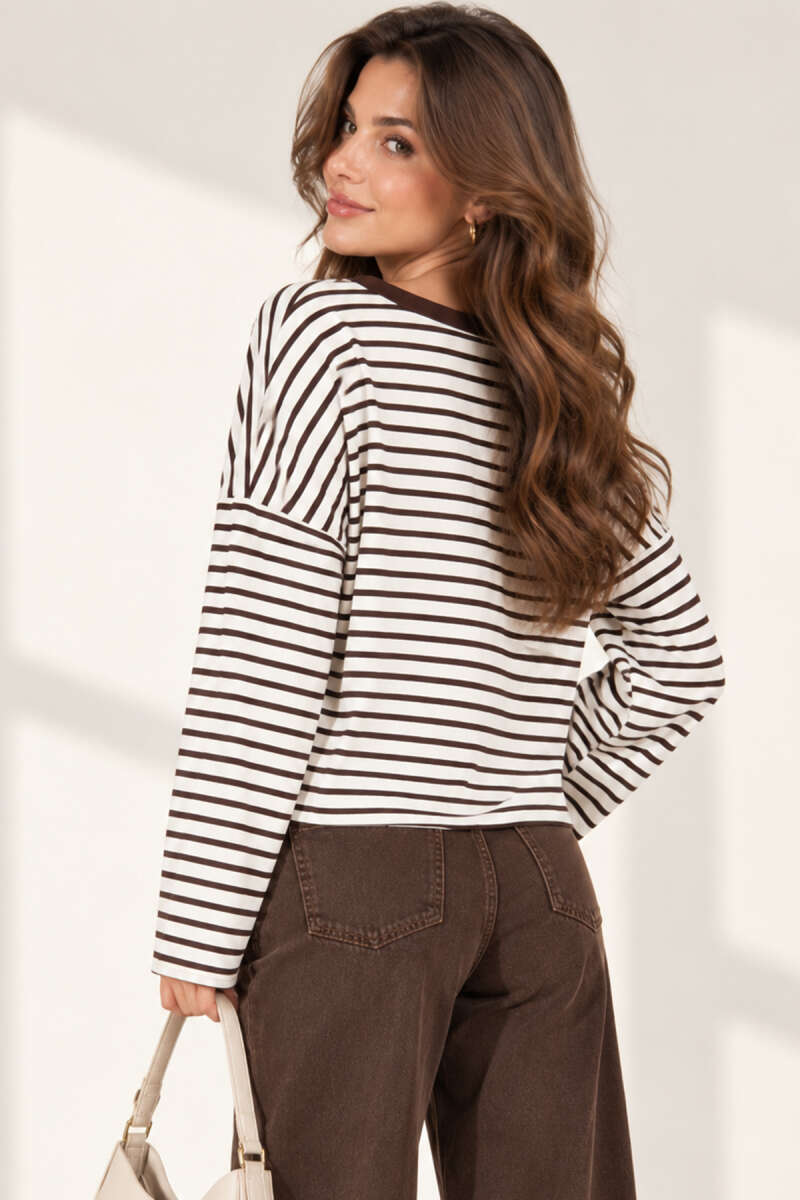 Boat-Neck Striped Blouse - Brown