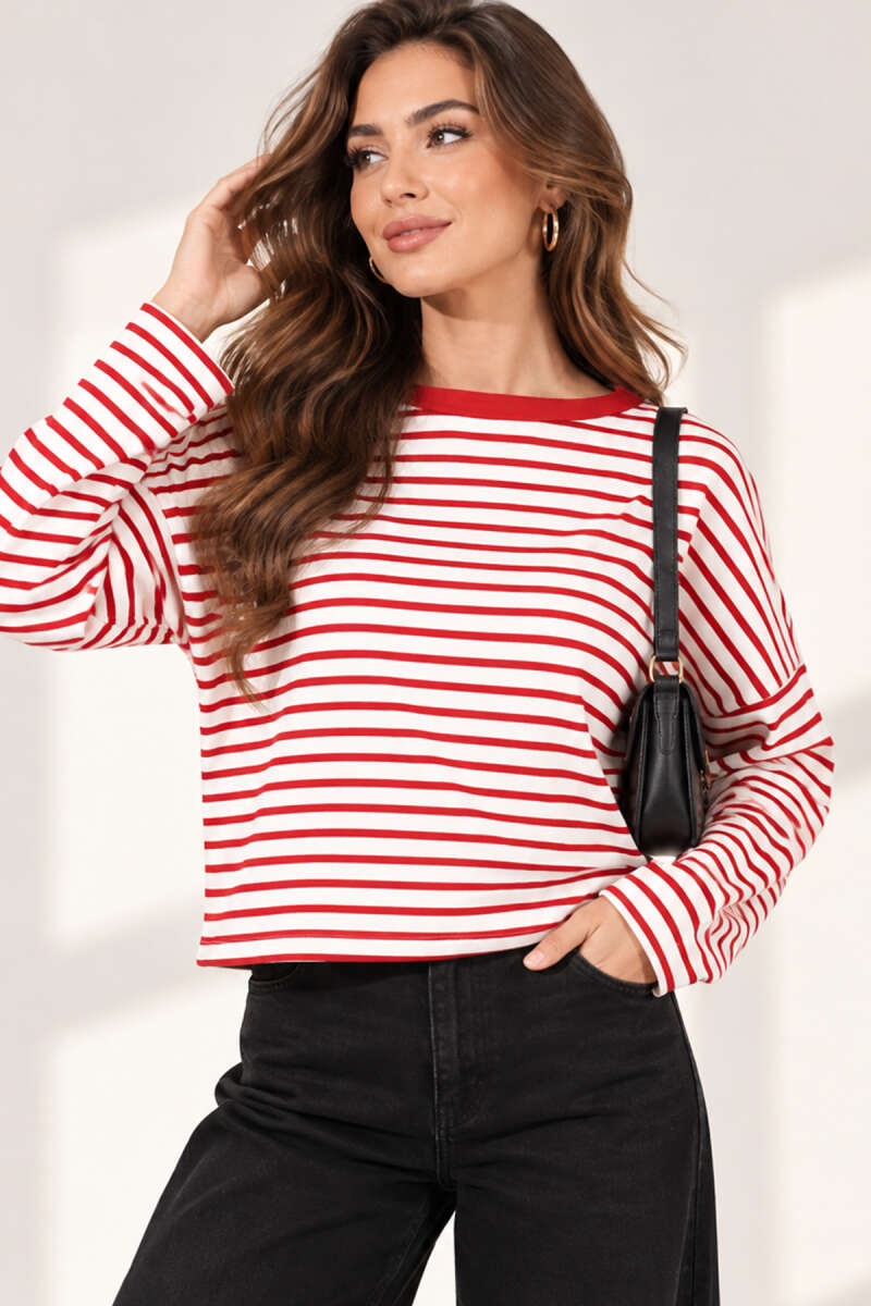 Boat-Neck Striped Blouse - Red