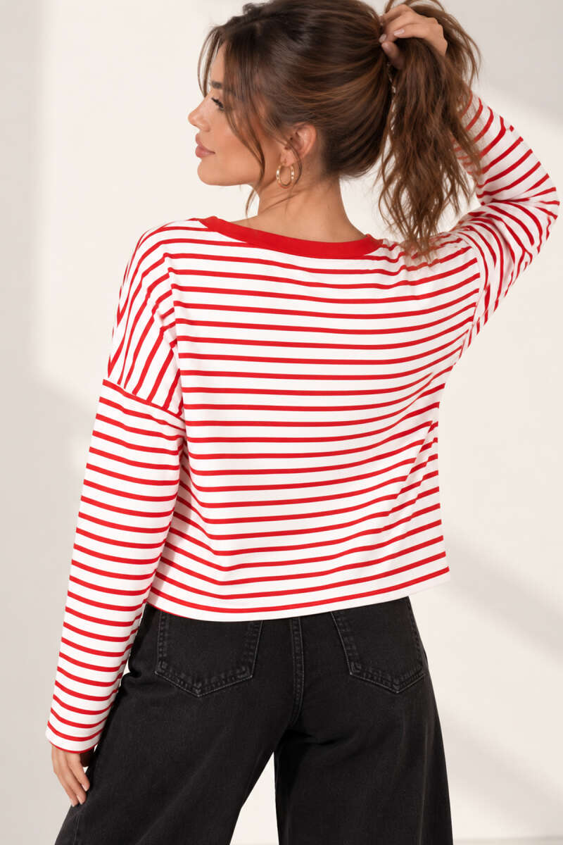 Boat-Neck Striped Blouse - Red
