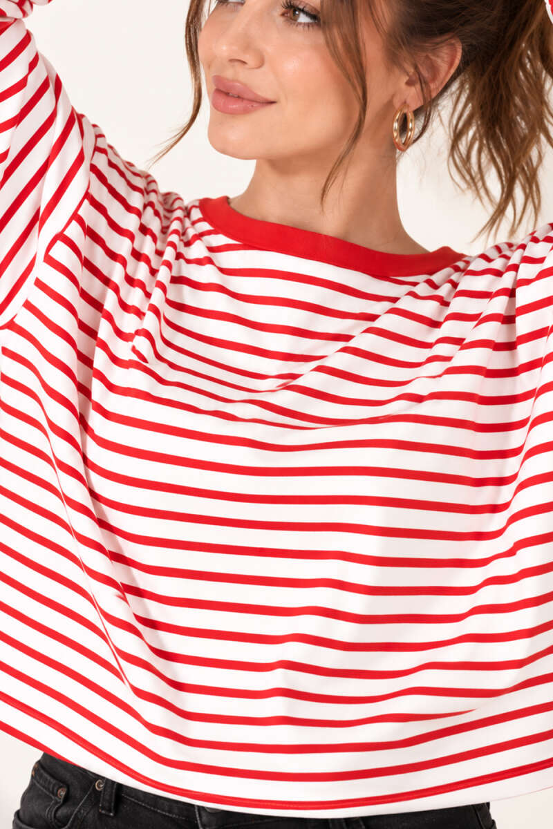 Boat-Neck Striped Blouse - Red