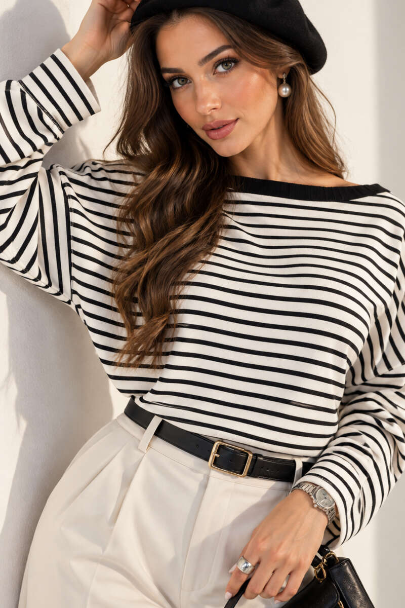 Boat-Neck Striped Blouse - Black
