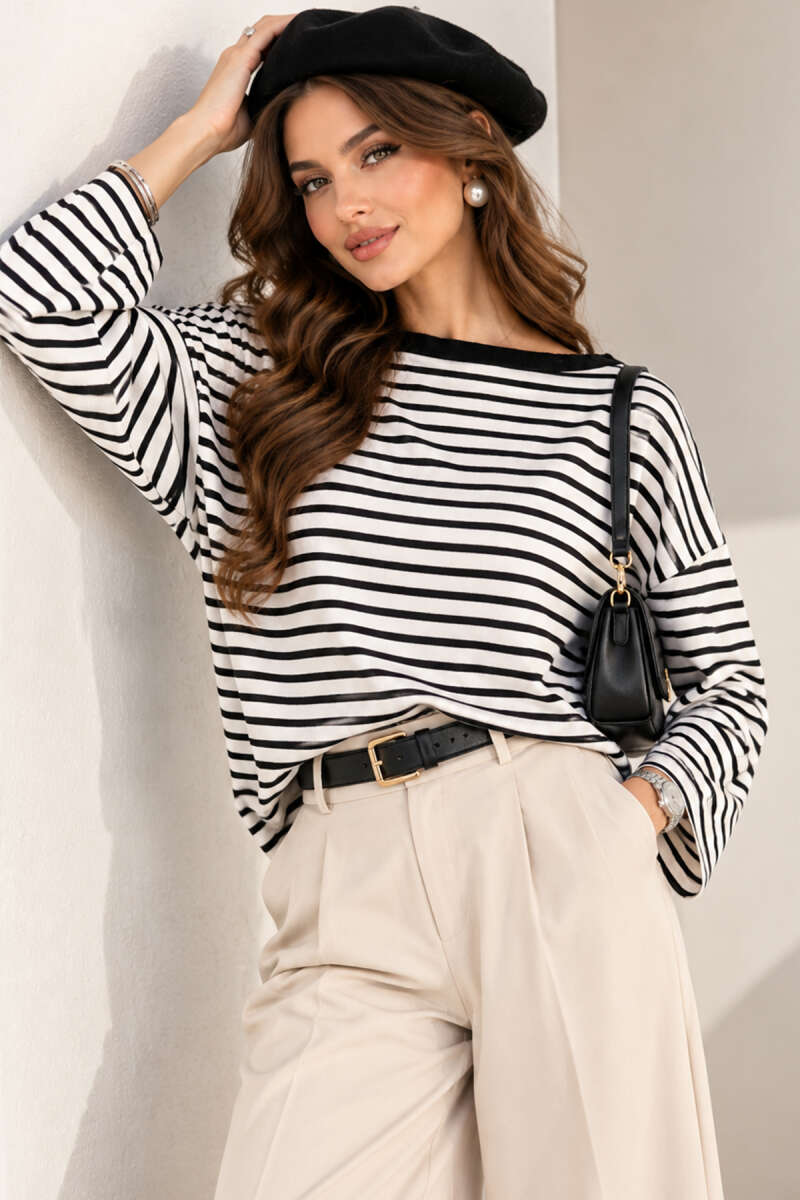 Boat-Neck Striped Blouse - Black