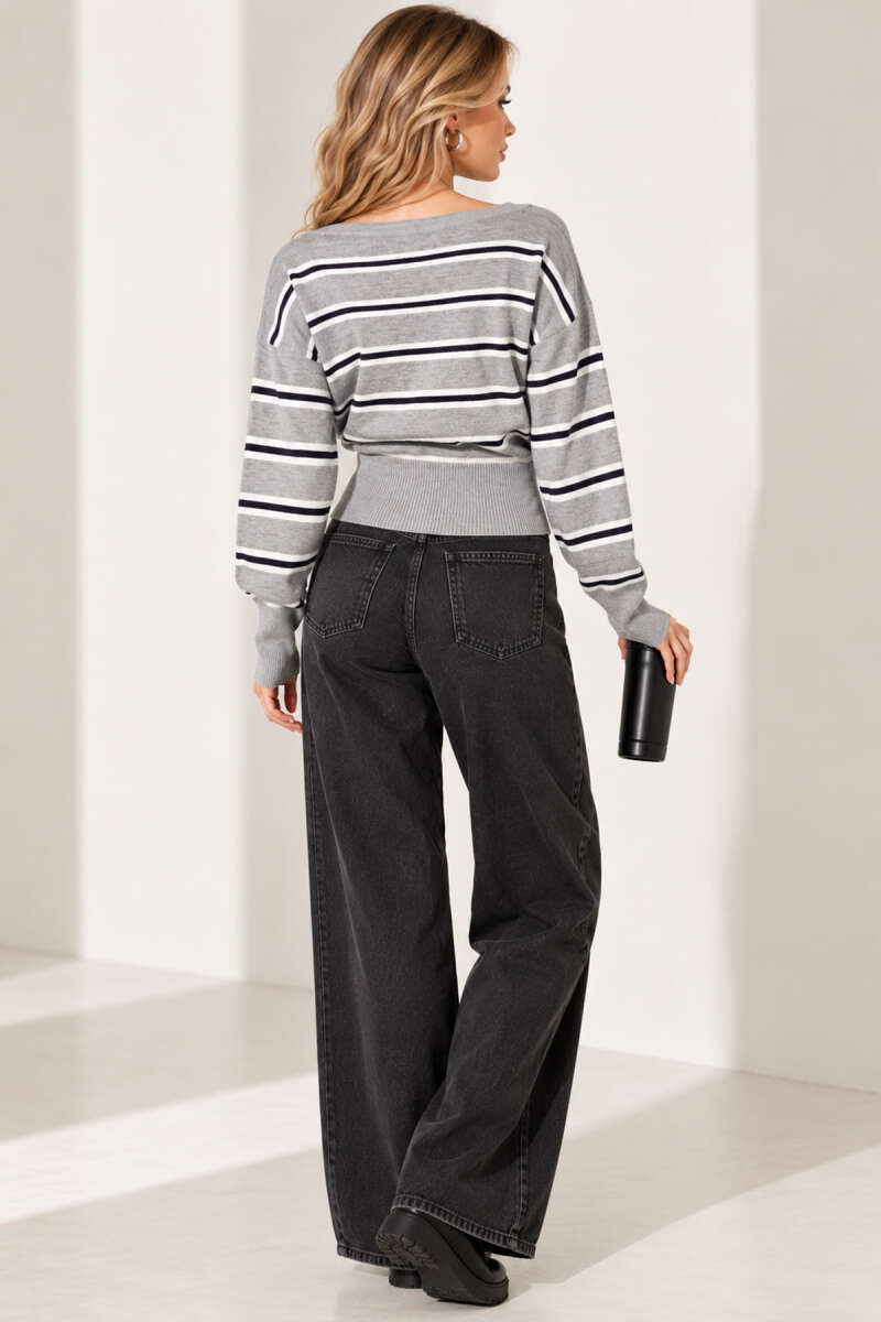 Boat-Neck Striped Knit Blouse - Grey