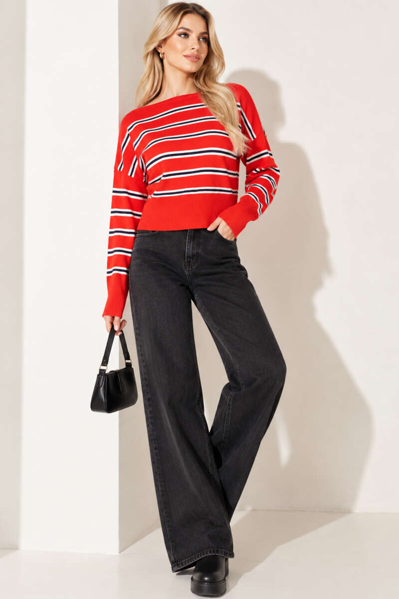 Boat-Neck Striped Knit Blouse - Red
