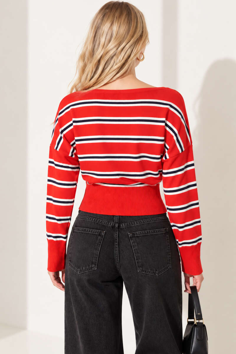 Boat-Neck Striped Knit Blouse - Red