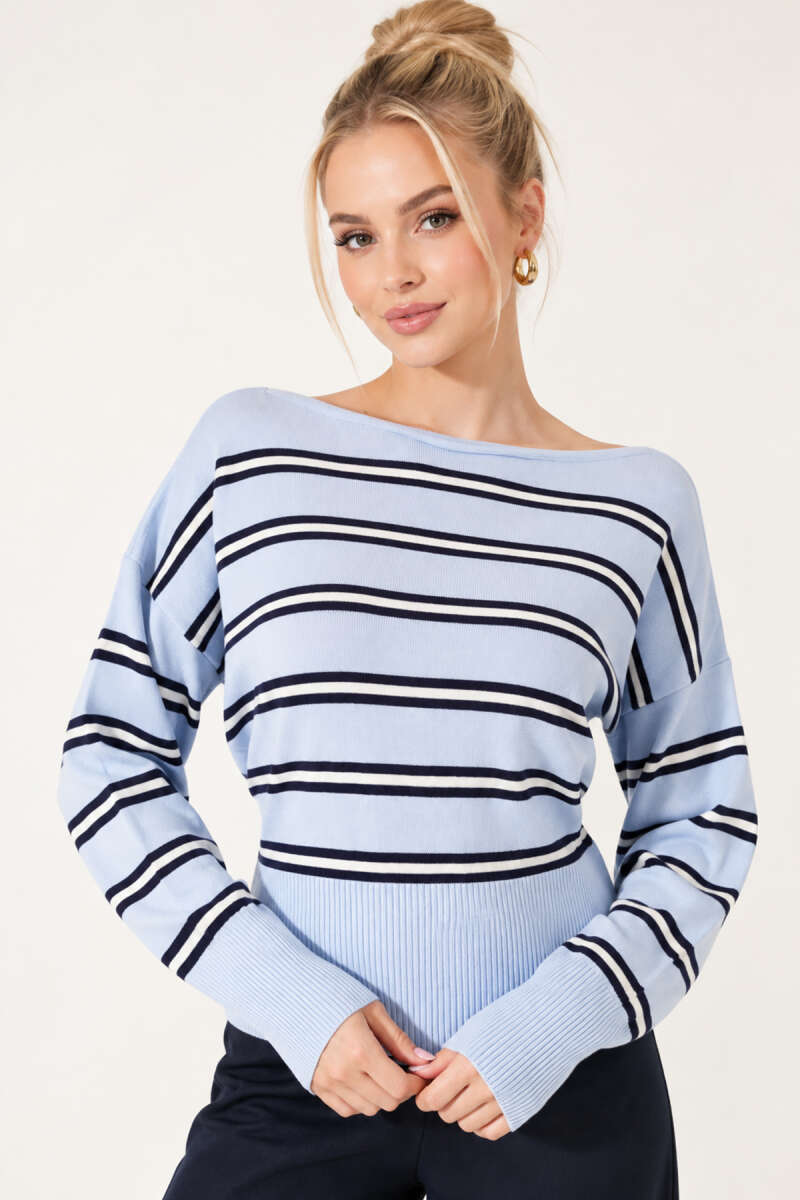 Boat-Neck Striped Knit Blouse - Blue