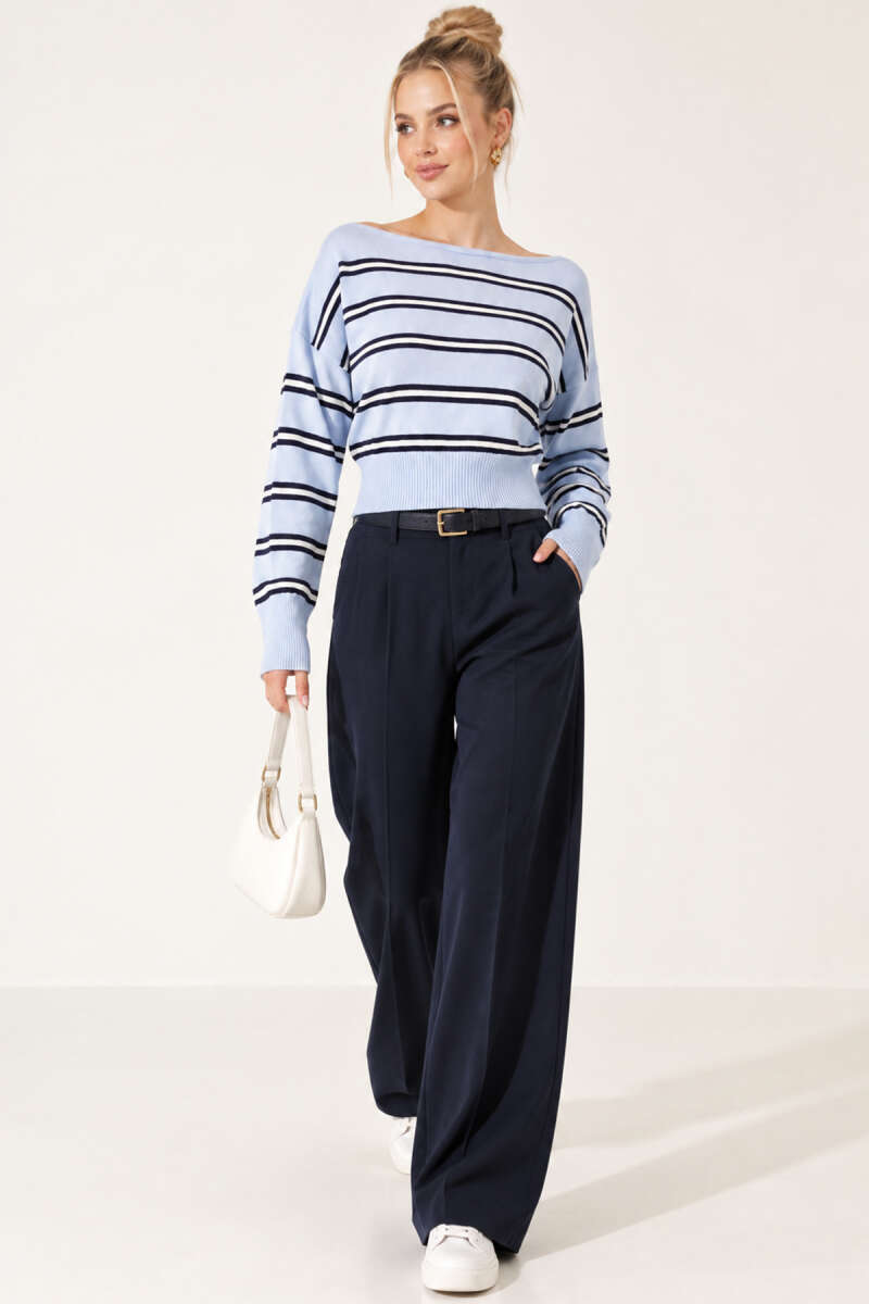 Boat-Neck Striped Knit Blouse - Blue
