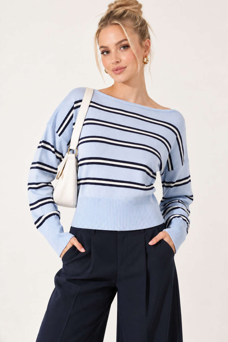 Boat-Neck Striped Knit Blouse - Blue