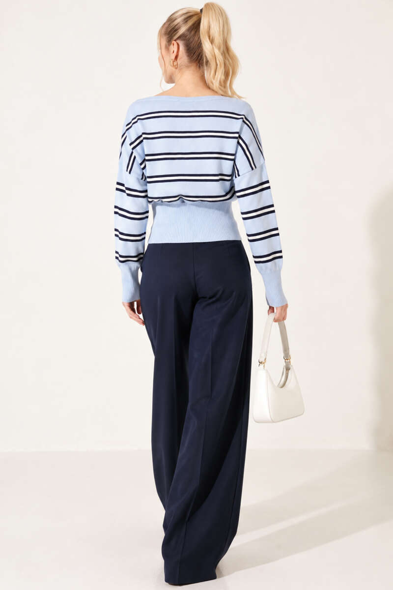 Boat-Neck Striped Knit Blouse - Blue