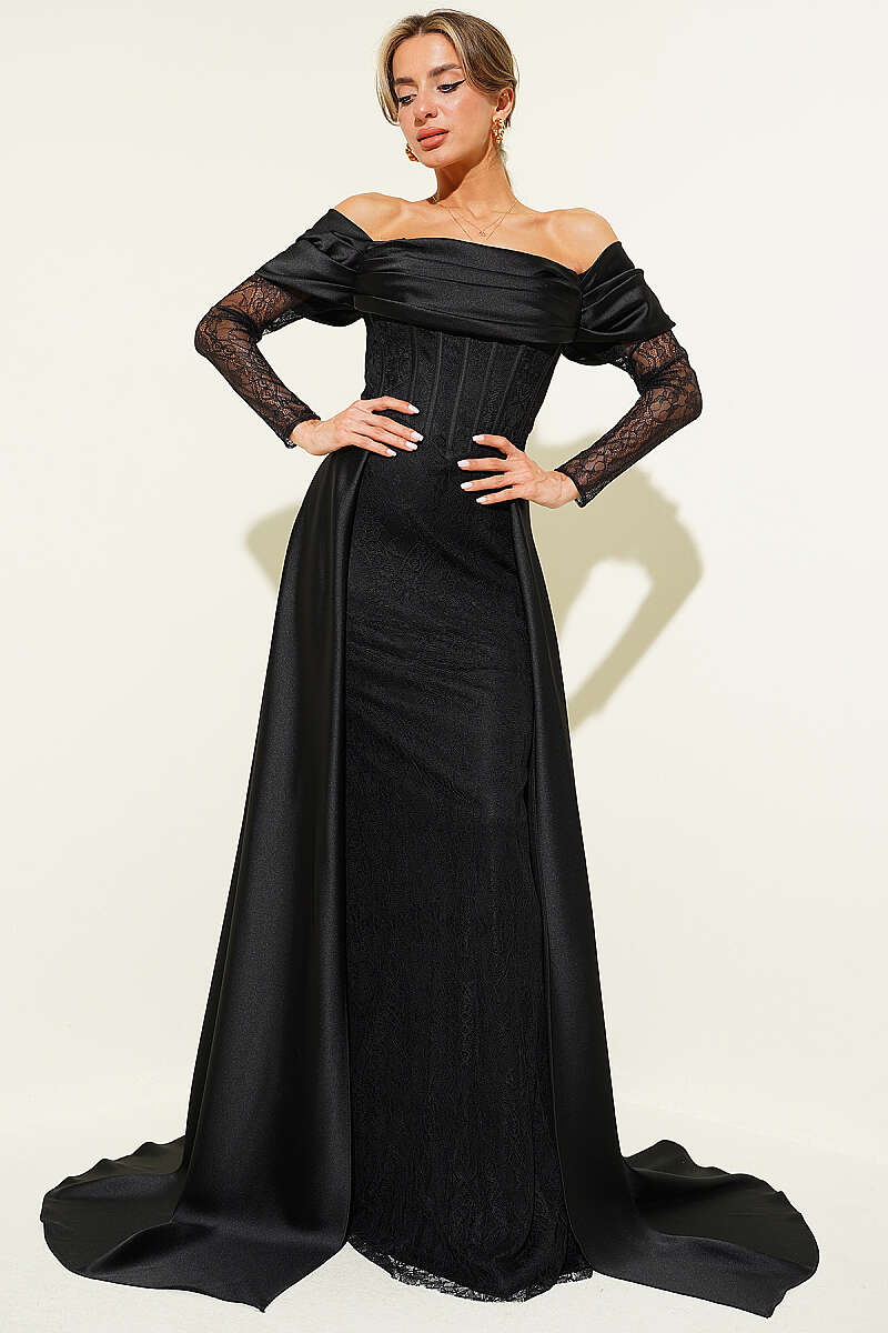 Boat-Neck Evening Dress with Lace Detail - Black