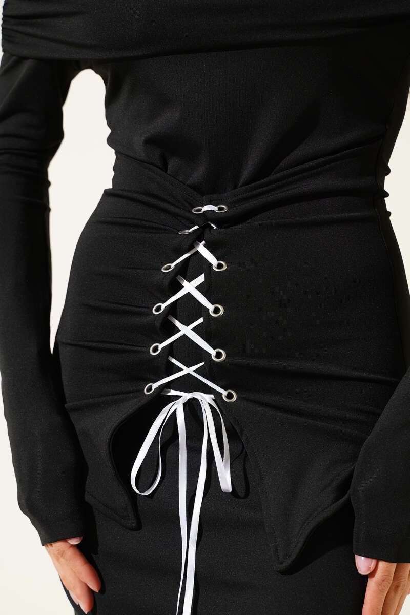 Boat-Neck Midi Dress with Eyelets - Black